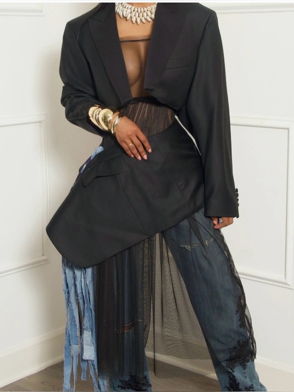 Black Blazer & Skirt With Fringe